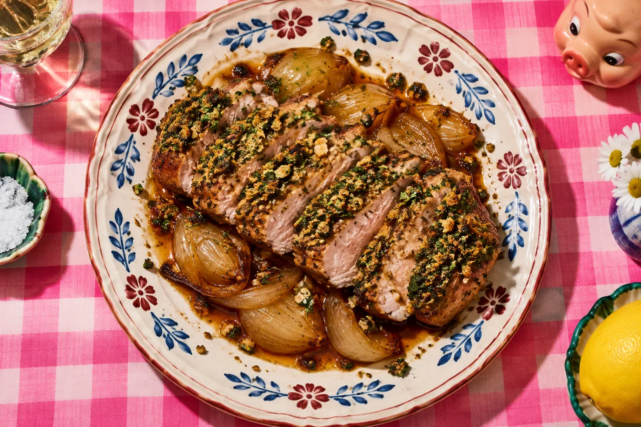 Noix de porc rôtie en croûte d'herbes fraîches et son jus perlé