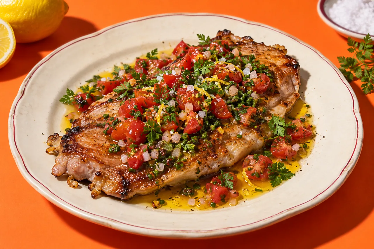Sous-noix de porc à la plancha, sauce vierge