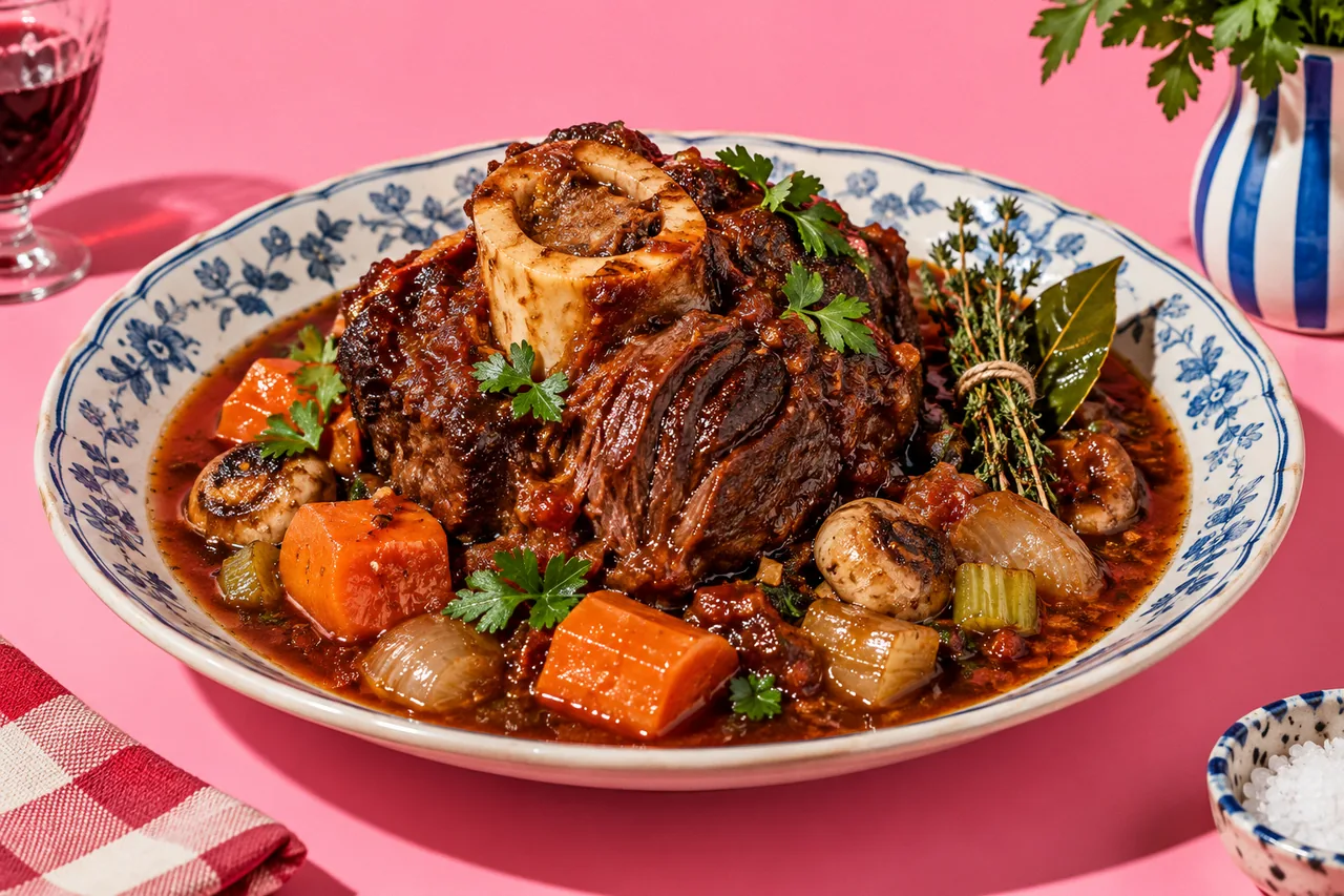 Jarret de bœuf braisé au vin rouge et légumes fondants