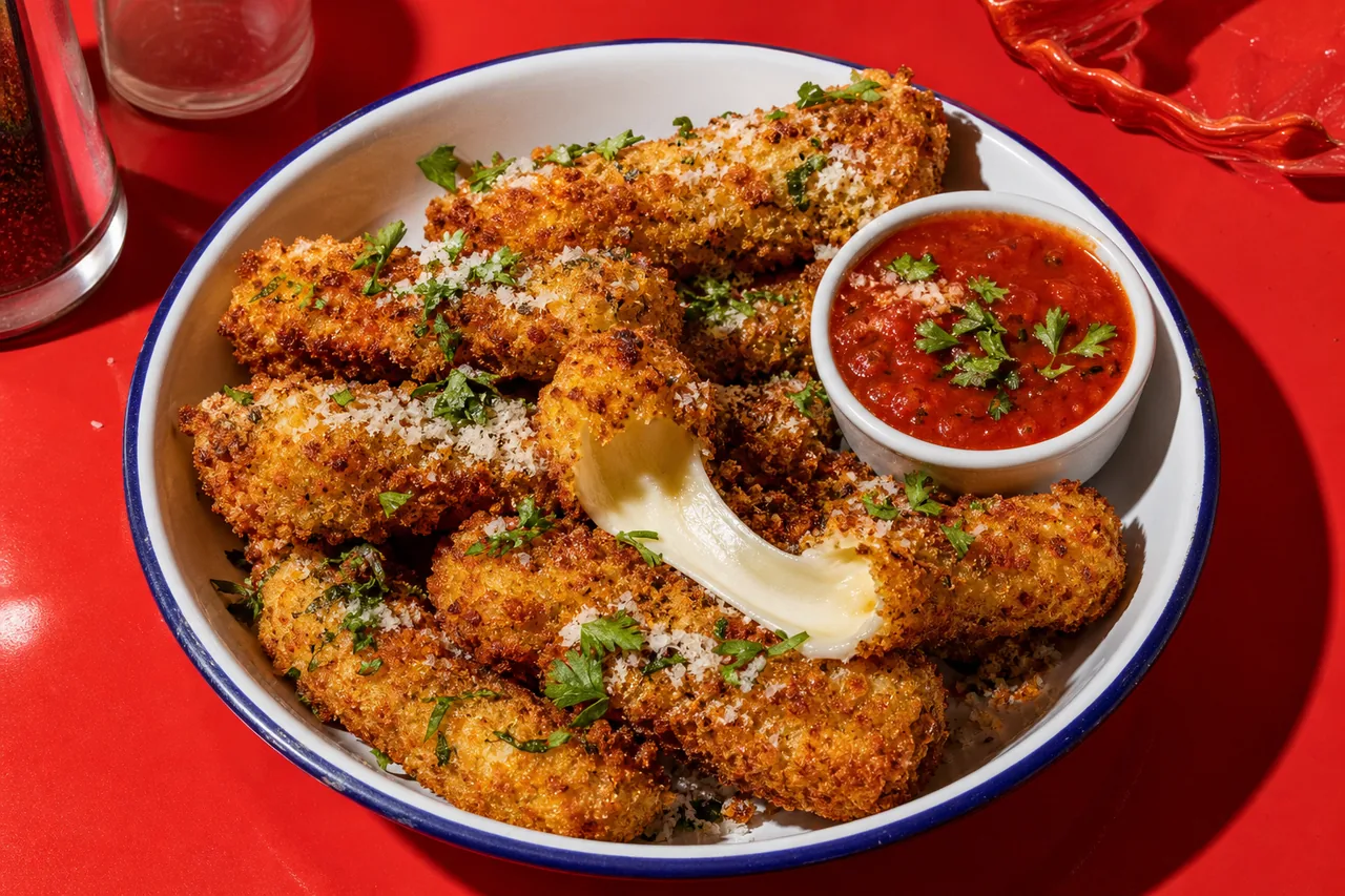 Bâtonnets de mozzarella panés à l’air fryer, sauce marinara