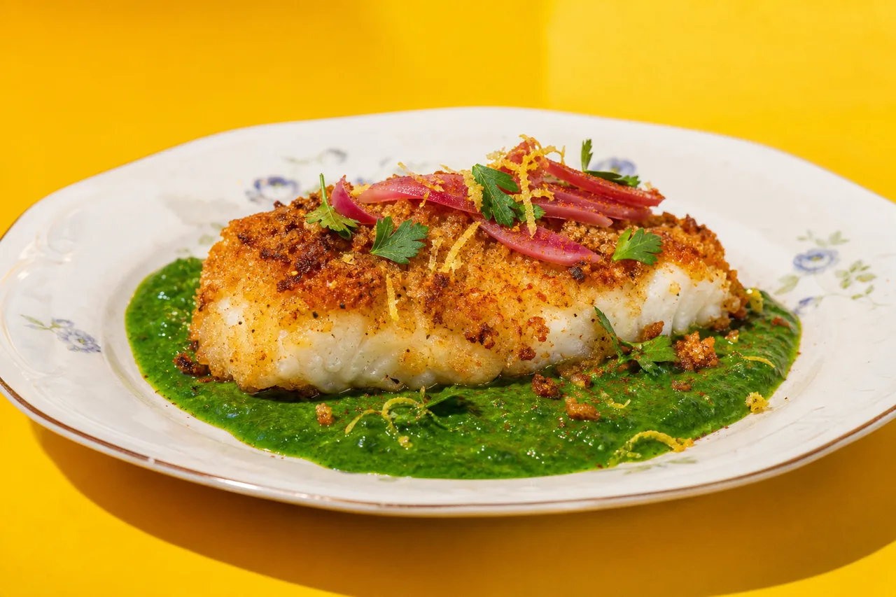 Aiglefin pané au panko, sauce verte d’épinards à la moutarde