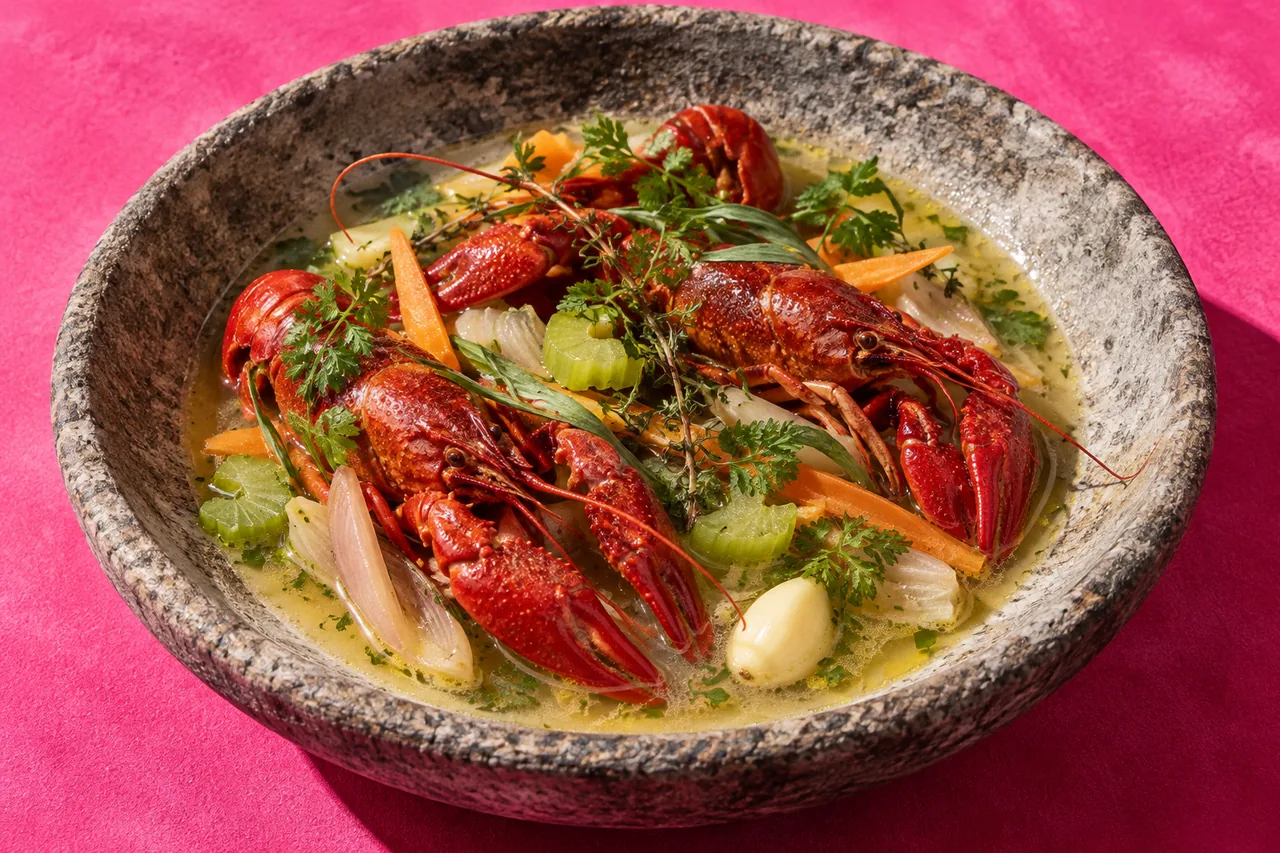 Écrevisse à pattes rouges à la nage, court-bouillon au vin blanc