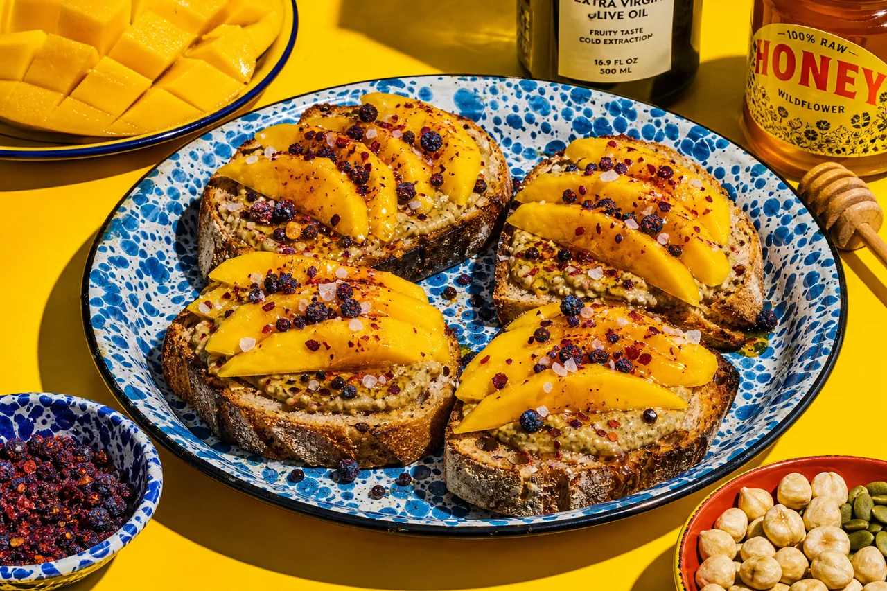 Toast à la mangue et beurre de noisettes et graines de courge