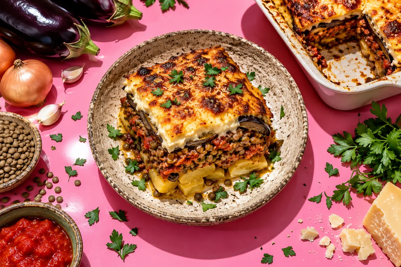 Moussaka végétarienne aux lentilles et aubergines