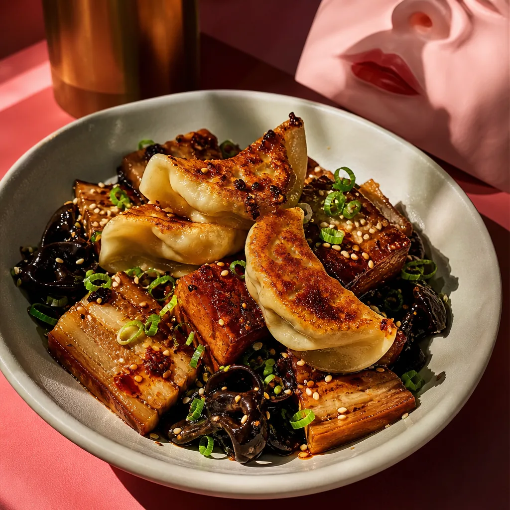 Gyoza de porc croustillants, laque bière-soja et champignons noirs