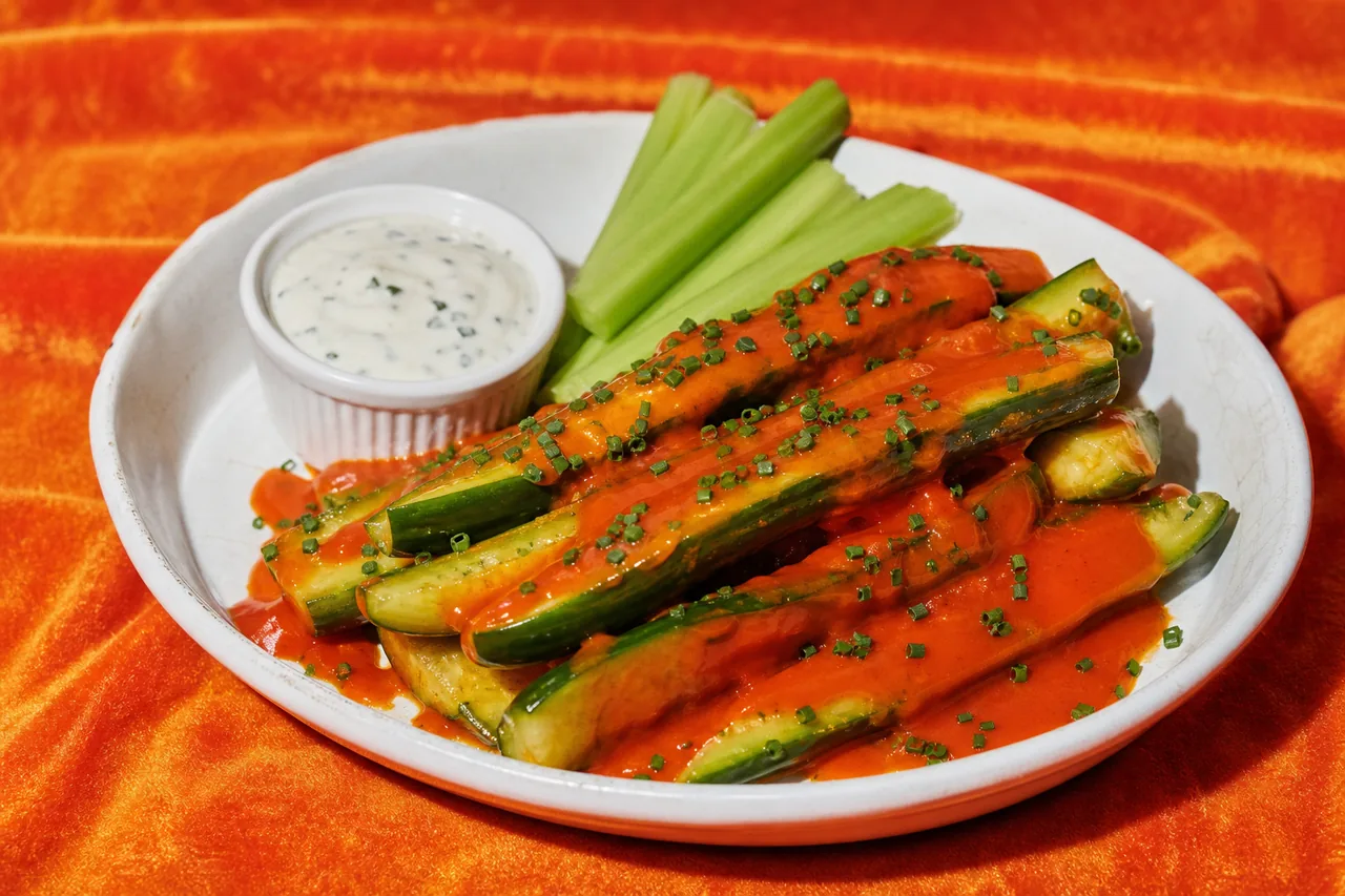 Buffalo cucumbers (concombres croquants sauce buffalo)
