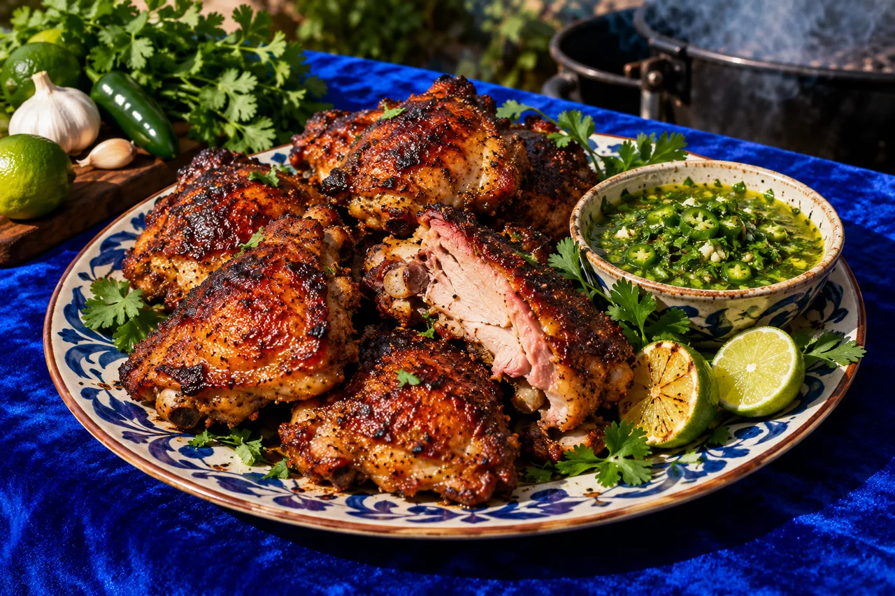 Cuisses de poulet fumées au barbecue, sauce verte aux herbes