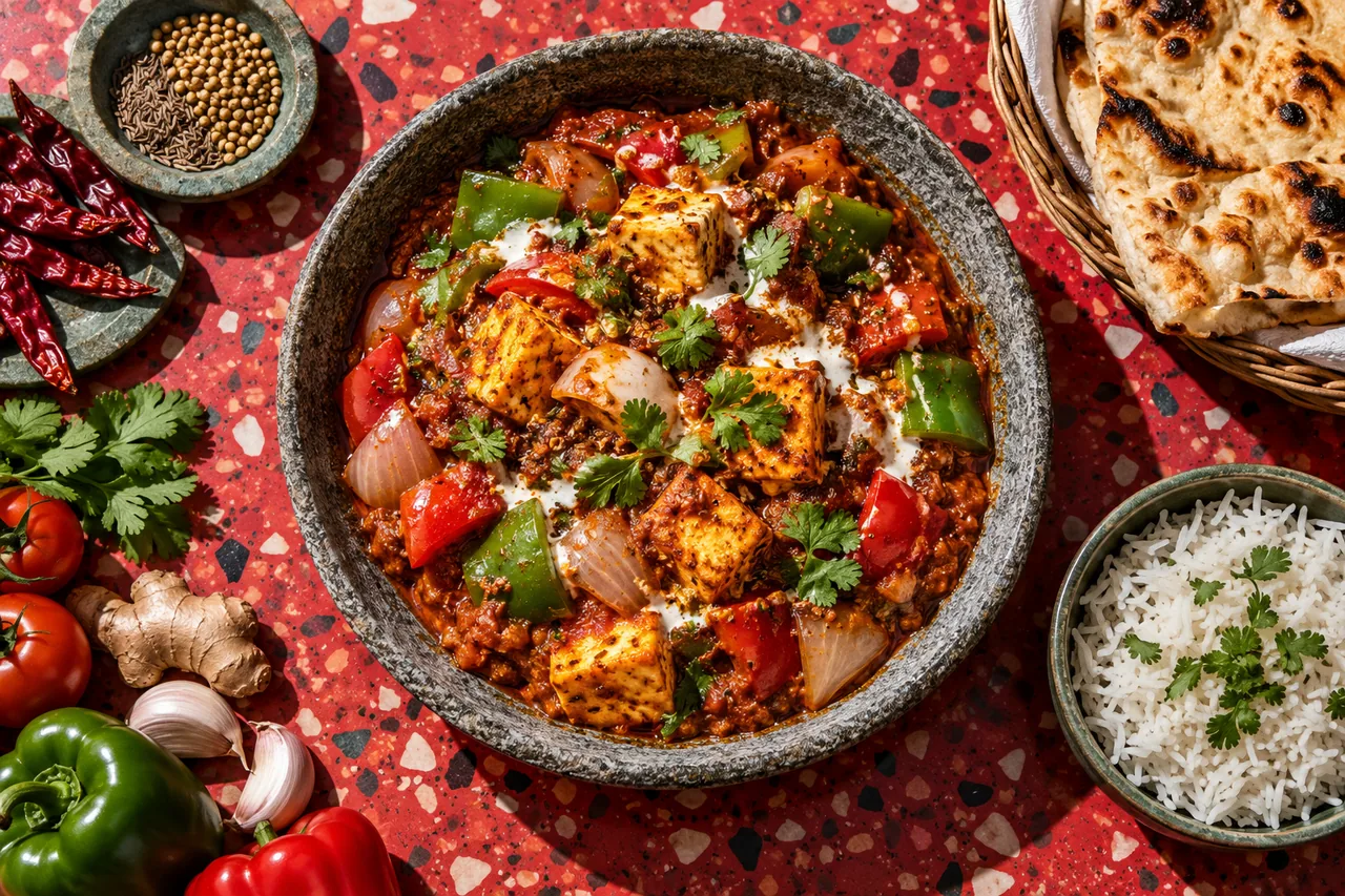 Kadai paneer (paneer sauté aux poivrons et épices torréfiées)