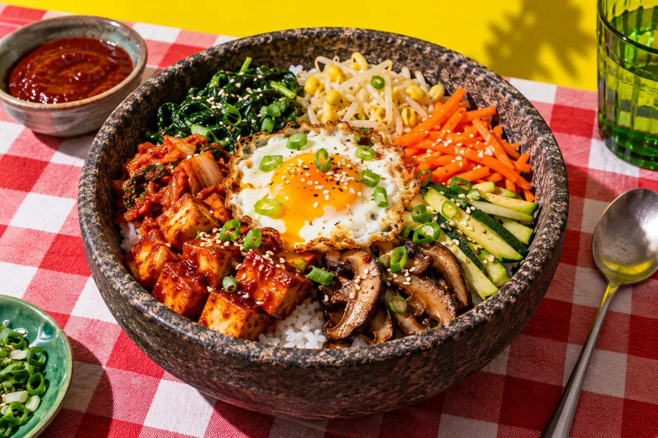 Bibimbap végétarien au tofu, légumes sautés et œuf