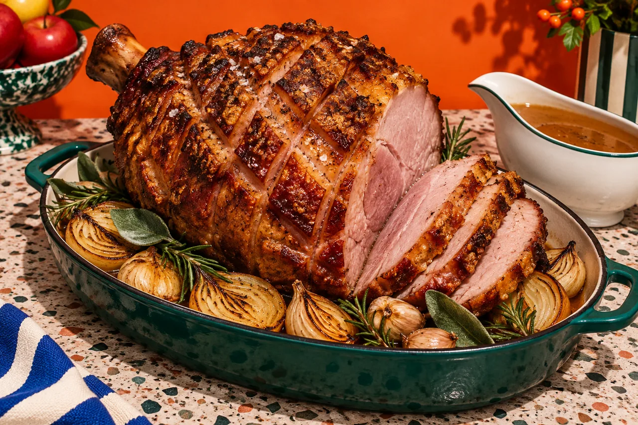 Fresh ham rôti de fête à l'américaine et jus au cidre