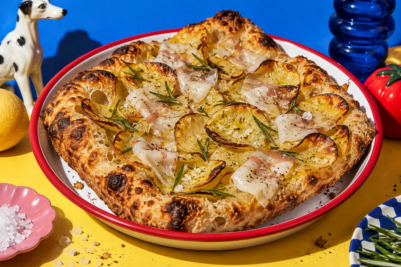 Pizza bianca romaine aux pommes de terre, lardo et romarin