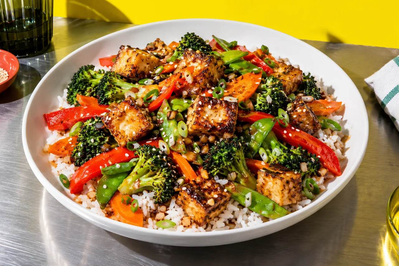 Tofu stir fry (sauté de tofu croustillant aux légumes, sauce soja-gingembre)