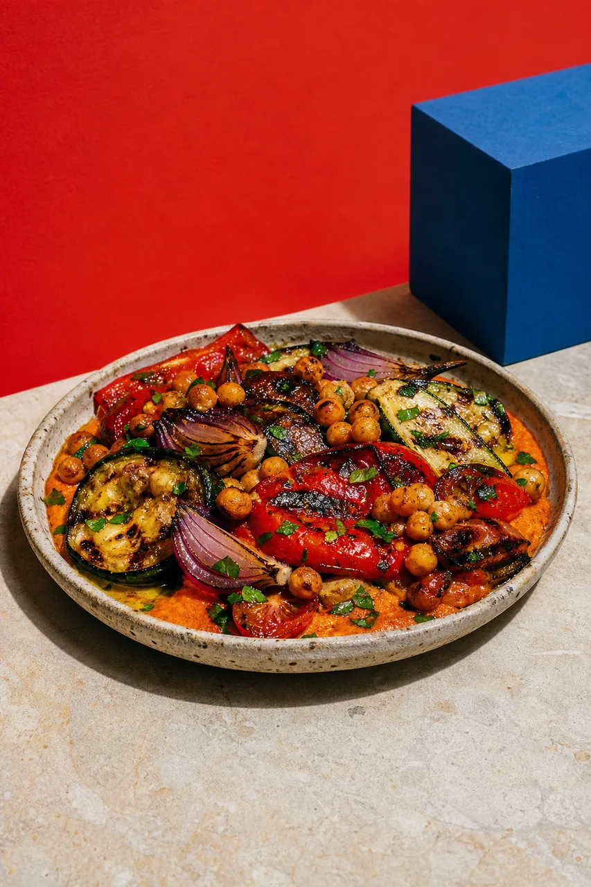 Légumes d'été au feu, sauce romesco