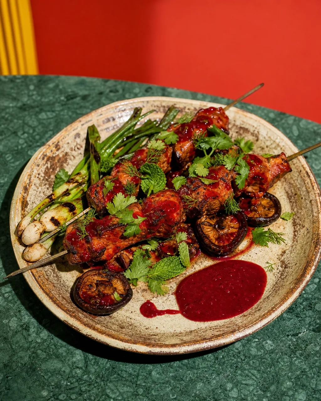 Mtsvadi géorgien, sauce tkemali aux prunes