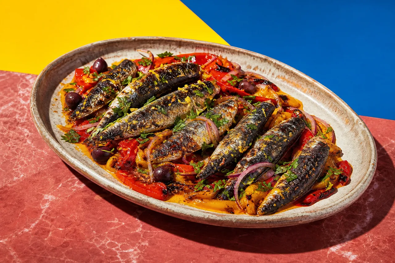 Sardines grillées, salade de poivrons brûlés