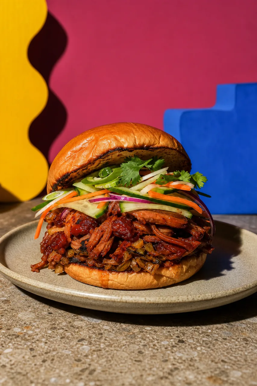 Burger de porc effiloché char siu