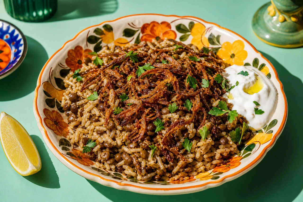 Moujaddara (lentilles, riz, oignons frits)