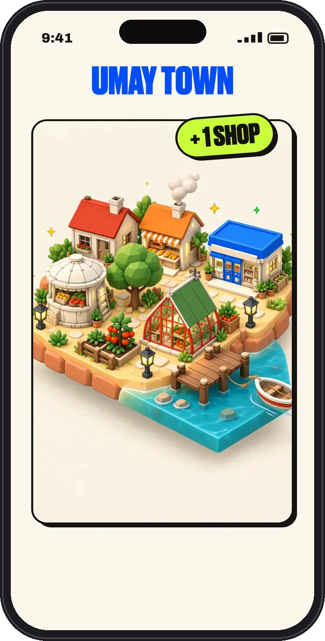 Umay screen: a mini-game while it cooks, then the town grows
