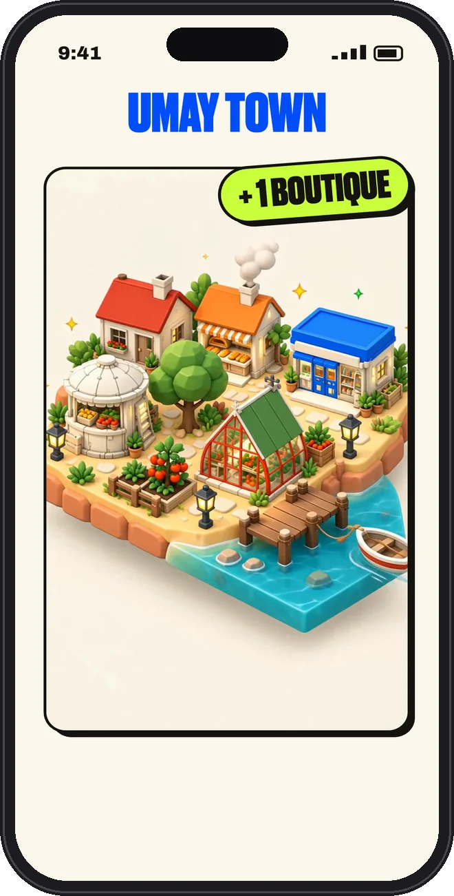 Écran Umay : un mini-jeu pendant la cuisson, puis la ville qui grandit